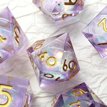 Lilac Liquid Core DND Sharp Dice,DNDND 7PCS Glitter Sparkle Sharp Edge D&D Dice with Gift Case for Dungeons and Dragon Game (Lilac)