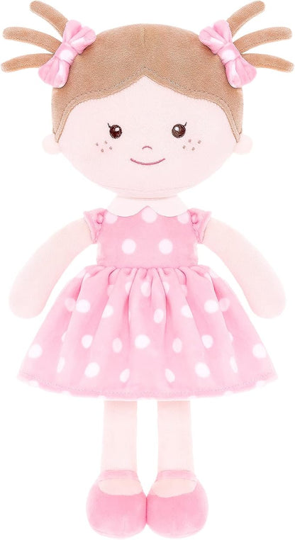 Onetoo Plush Rag Doll Sleeping Cuddle Buddy Doll Soft Baby Doll for Girls First Baby Doll Wear Pink Skirt Dress 14"（Milly Series）