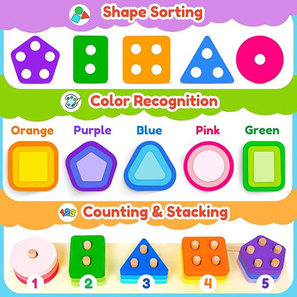 Montessori Toys for 1 2 3 Year Old Boys Girls Birthday Gifts Color Shape Sorters Wooden Stacking Toys for Toddlers 1-3 Puzzles Blocks for Toddlers 2-4 Preschool Learning Educational Sensory Travel Toy