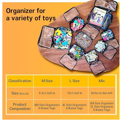 holay 4 Packs PVC Zippered Blocks Set, Toy, Clay, Board game Storage Organizer Case (Name Tag, Manual Pocket) (Black, Small, Large)
