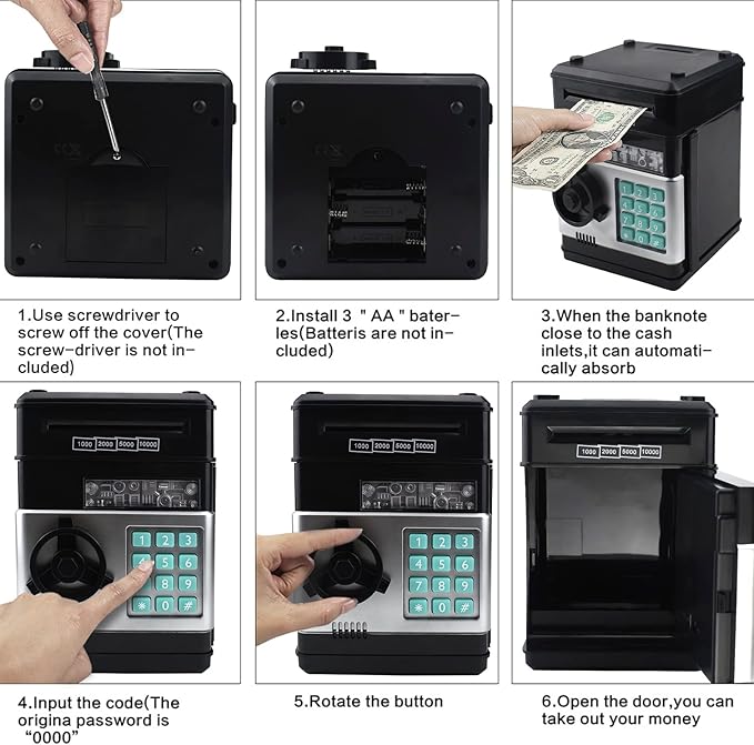 Piggy Bank for Kids, ATM Electronic Password Cash Coin Bank, Money Saving Box for Kids, Boys Girls Birthday Gift (Black)
