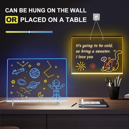 LED Note Board with 7 Colors, Includes Adapter, 13"x10" Led Drawing Board for Kids, Light Up Dry Erase Boards with 7 Markers, Soft Cloth, Hanging Chain, Holiday Trend Gift