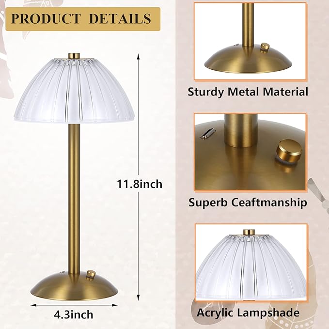 Liliful 4 Pcs LED Portable Cordless Table Lamp Touch Battery Operated Rechargeable Gold Desk Lamp 3 Color Dimmable for Bedroom Living Room Dining (Gold,Mushroom Style)