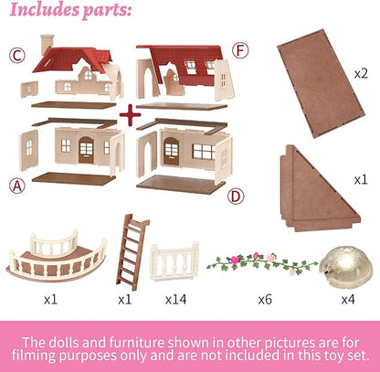 Family Cozy Cabin Doll House Playset, Dollhouse Furniture and Accessories,DIY Cottage Pretend Play Dollhouses, for Toddlers, Boys & Girls