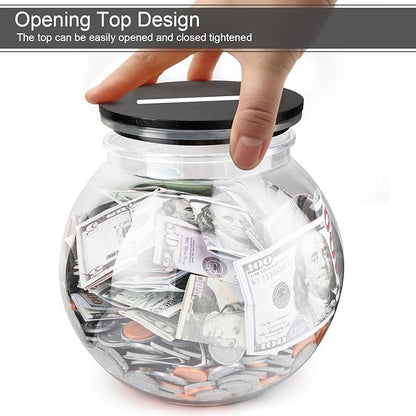 Large Clear Coin Bank Jar with Slotted Lid, 3/4 Gallon Plastic Money Tip Change Savings Coin Jar for Coin or Raffle Ticket, Big Money Coin Tip Piggy Change Bank Box for Adults Teens, Black