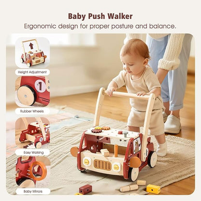 3-in-1 Wooden Baby Walker Adjustable Height with Tool Bench and Toy Storage Wagon - Multifunctional Toddler Push Walker Ergonomically Designed for Natural Walking - 3+ Years of Continuous Use