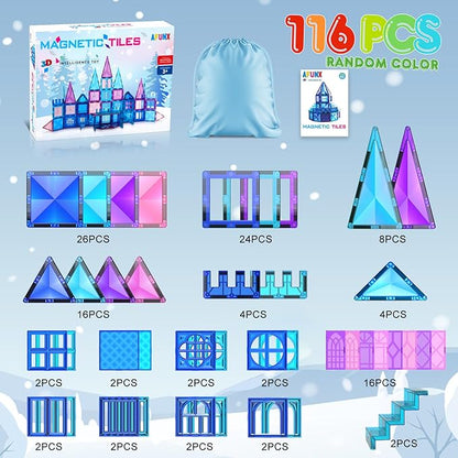 Magnetic Tiles, 116PCS Magnet Building Blocks, 3D Diamond Magnetic Blocks, Construction Stem Toys for Kids, Educational Toys for Boys Girls Ages 3 4 5 6 7 8 (116 PCS)