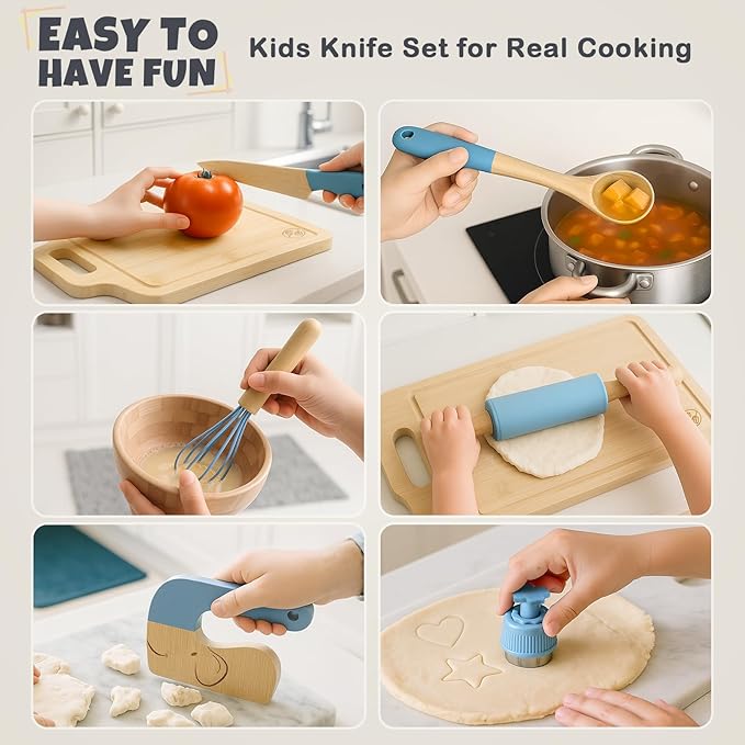 29 PCS Wooden Kids Cooking Set, Toddler Montessori Cooking & Baking Kitchen Tools for Real Cooking, 3 Knifes, Real Cutting Board, Apron, Kid Safe Kitchen Utensils for 3+ Year Old Boys Girls Gift