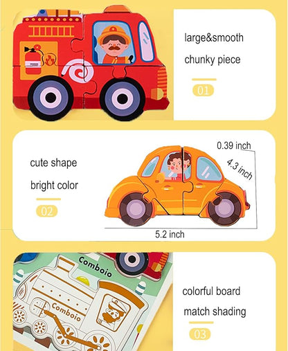 Wooden Puzzles for Toddlers 1-3 Years Old, Children Jumbo Base Vehicle Puzzles 2-4,Toddler Boys Toys Educational Blocks Kids Birthday Gifts