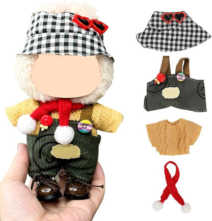 Doll Clothes for Labubu(NO Doll), for 17/15cm Plush Dolls, Clothing Suit Toy Figurine Outfit Set Dress Up with Kawaii Style Accessories, Multicolour Overall and Cute Hat or Headwear (LB92)