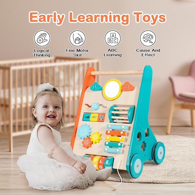 Wooden Baby Walker with Wheels, Walker for Baby Boys 6-12 Months Push Toy, Sit to Stand Activity Walker Learning to Walk