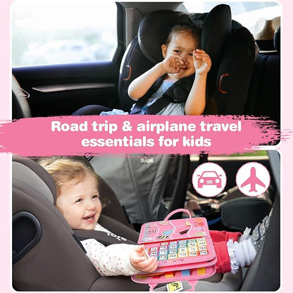 Busy Board for Toddlers, Sensory Board Travel Toys Gifts for 1 2 3 4 Year Old Girls Boys, Montessori Toys to Learn Fine Motor Skills, Educational Activities Busy Book for Airplane Car (Pink)