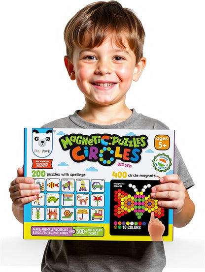 Magnetic Tangram Puzzles Toys for Kids | 400 Magnet Circles Shapes with 200 Patterns Booklet, Board & Display Stand | STEM Educational and Learning Games for Ages 4 5 6+ Years|Gifts for Girls & Boys