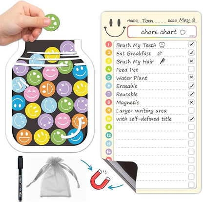 JJPRO Magnetic Daily Checklist for Kids with Smiley Faces Reward Jar- 10" x5.5“ Dry Erase List Board for Toddlers,Home Chore Chart for Fridge,Magnetic Reward Jar Positive Behavior Training -Yellow
