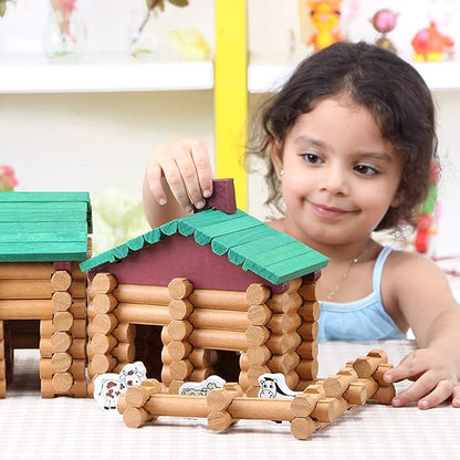 Wondertoys 170 Pieces Wood Logs Set Ages 3+, Classic Building Log Toys for Boy, Creative Construction Engineering Educational Gifts