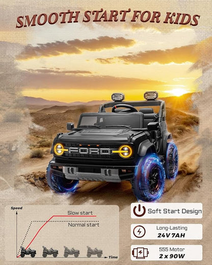 24V Ride on Toys for Big Kids, Licensed Ford Bronco Raptor Electric Car 2 Seater with Remote Control, Kids Ride on Cars w/ 2-Seater, 4.3 Mph Max Speed, Soft Start Function (24V, Black)