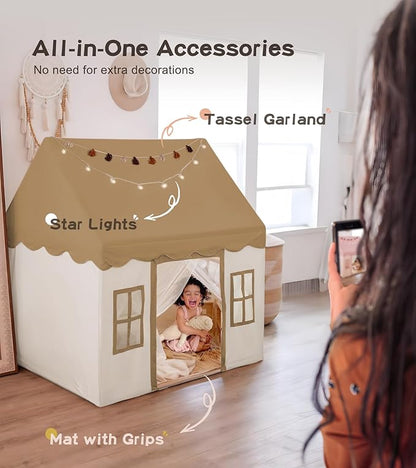 Play Tent with Mat, Star Light Large Kids Playhouse with Windows Easy to Wash, Indoor and Outdoor Play Tents for Kids, Little Dove Toys for Girls, Boys, 47x40x52 (Brown Playhouse, Large Size)