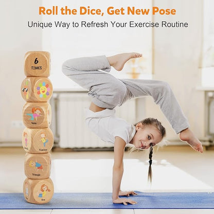 Wooden Yoga Dice Set for Kids, Fun Workout Game with 6 Exercise Dice, 12 Yoga Cards & A Box, Mindfulness Mother's Day Christmas Yoga Set for Girls & Beginners