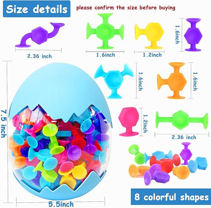 100pcs Suction Bath Toys for Baby Kids, Bath Toy Silicone Construction Building Blocks Montessori Sensory Toy for 3 4 5 6 7 8 Years Old Toddlers Boys Girls with Egg Storage…