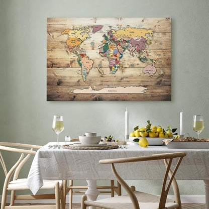 artgeist Acoustic Canvas Wall Art Print World Map 35x24 in - 1pcs Picture with Acoustic Foam Sound Print Artwork Room Acoustics Soundproofing World Travel Map Wood k-B-0009-b-b