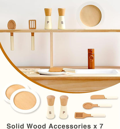 PairPear Wooden Play Kitchen Set, Solid Pine Wood 2 in 1 Kids Kitchen & Market Shelf with Chalkboard, Natural Finish, 7 Piece Pretend Play Kitchen playset for Age 3+