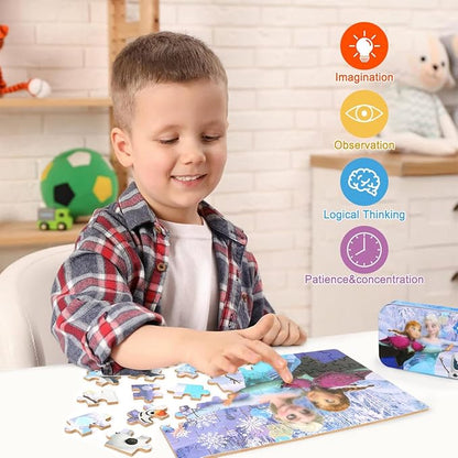 Puzzles for Kids Ages 4-8,Kids Puzzls in a Metal Box,Winter Princess Snowman Small Puzles,Kid Boys Girls Learning Educational Puzzle Packed in Tin Box,60 Pieces