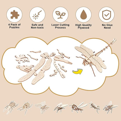 ELX Wooden 3D Puzzles for Kids 6+, 8 Piece Set Insect Animal Models, Wood Building Kits DIY Wooden Crafts Stem Toys peresents for Kids and Adults