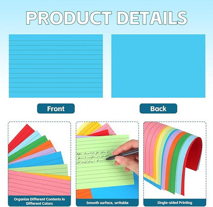 Tecmisse Colored Index Cards 4x6, 300 Pack, 10 Colors Ruled Note Cards, Flash Cards for Studying, Heavy Notecards for Office and School, One Side Lined, One Side Blank