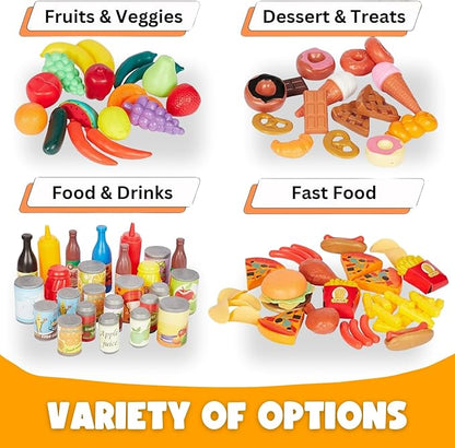 120 Piece Deluxe Pretend Play Food Toy Tasty Treats Plastic Cooking and Grocery Shopping Assortment Set