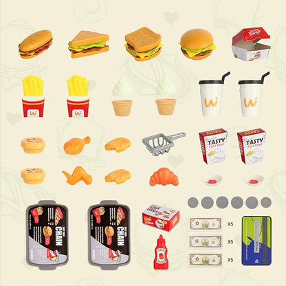 Pretend Play Food Toy for Kids Kitchen with Cash Register, Coffee Maker, 71 Pcs Fast Food Set with Burger, Fries, Ice Cream, Play Money, Educational Birthday Gift for Boys Girls Ages 3-8 (Green)