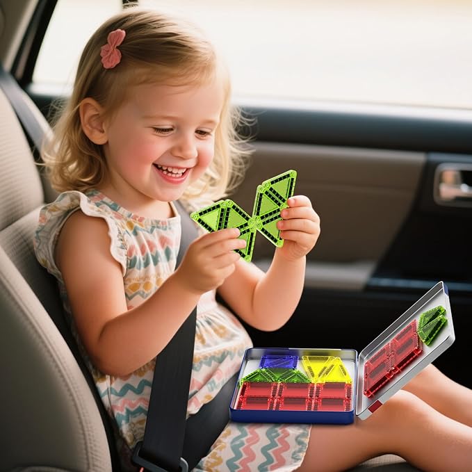 Mini Magnetic Tiles Building Blocks, Portable Travel Construction Set, STEM Toddler Puzzle Birthday Gift Toys for Children Ages 3 4 5 6 7 8