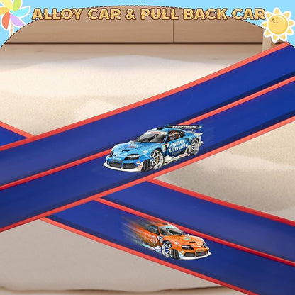 Flex Track 15 Ft Starter Set, Flexible Race Car Ramp Track for Ages 3 & Up with Suction Cups Compatible with Diecast 1/64th Cars (Blue & Red)
