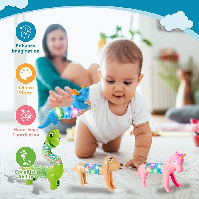 10 Pack Animals Halloween Fidget Toys for Toddlers, LED Animal Pop Tubes for Kids 3 4 5 6 7 8 Year Old Girls Boys Birthday Gifts Autism Sensory Toy for Kid Age 3-8 Tube Light Up Party Favors