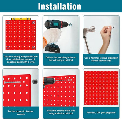 4 Pack Steel Peg Board,Universal 1/8 and 1/4 Pegboard Accessories,Ideal for Garage Tool Storage, Office Organization, Craft Room, Kitchen etc. (Red, 4-12X12)