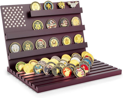 Challenge Coin Display Stand - 11 Rows Military Coins Holder Rack, Wooden Coin Collection Case for Table Top Display