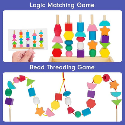Montessori Wooden Lacing Beads Toys for 2 3 4 Year Old Toddler Kids, Sequencing & Stacking Block Toy with Storage Box, STEM Preschool Learning Toys, Christmas Birthday Gifts for Boys Girls