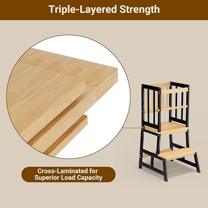 COSYLAND Toddler Kitchen Stool Helper – Stable A-Frame Design Kids Kitchen Step Stool with Protective Crossbar – Wooden Toddler Standing Tower for Learning in Bathroom (Black & Natural)