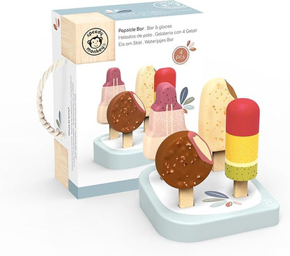 Speedy Monkey Wooden Ice Cream Bar Stand with 4 Treats – FSC Certified Popsicle & Gelato Pretend Play Dessert Counter for Kids, Sweet Food Role Play Toy for Toddlers, Boys & Girls, Ice Cream Cart Set