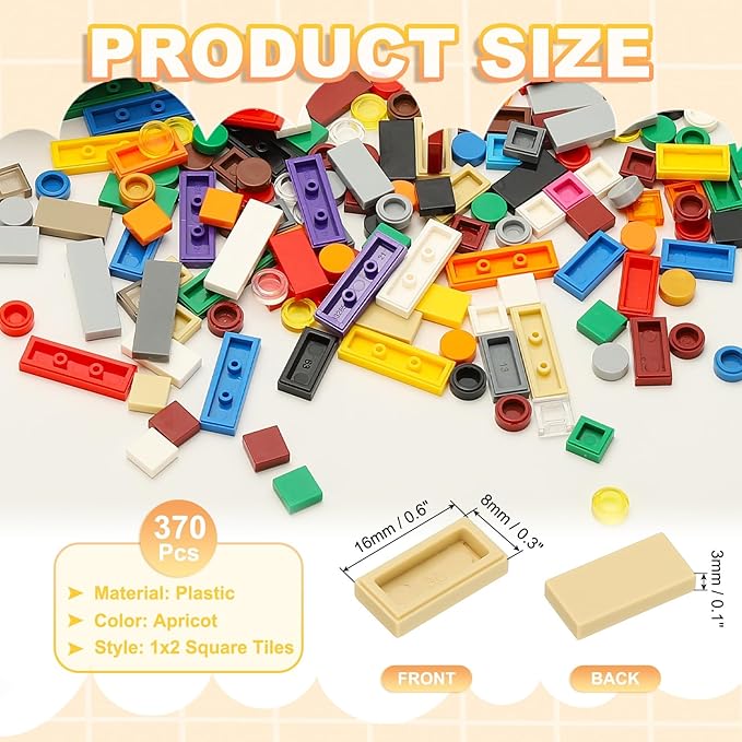 PATIKIL 370 Pcs Flat Blocks Bulk, 1x2 Square Apricot Classic Tiles Smooth Surface Mini Building Blocks Accessories Compatible Bricks Kits for Building Floor Walls Mosaic Pixel Arts