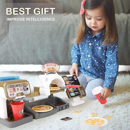 deAO Pretend Play Store Coffee Playset Kids Coffee Maker Play Set Pizzas Shop with Cash Register Toy Kitchen Playset Accessories Gifts for Toddlers Boys Girls