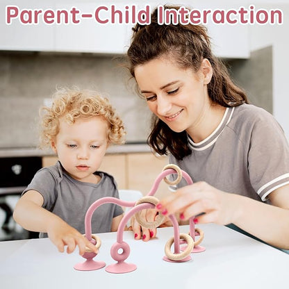 Baby Sensory High Chair Suction Toys for Infant Toddlers 6 12 18 24 Months, Food Grade Silicone String with Oak Loop Montessori Educational Baby Bath Toy Gifts (Dark Pink)
