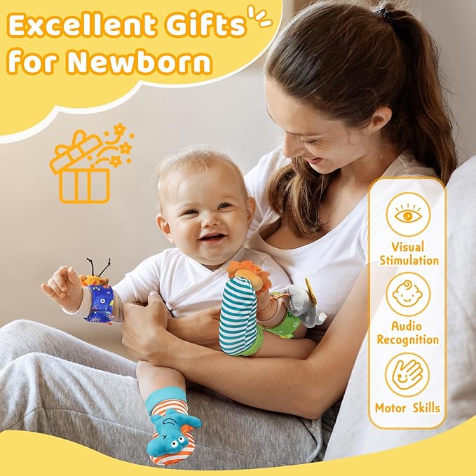 URMYWO Wrist Rattles for Baby - Rattle Socks - Foot Finder Set - Baby Toys for 0-12 Months Infant - Newborn Essentials - Early Learning Sensery Toys for Boys and Girls as Shower Gifts