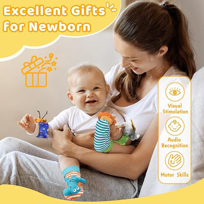 URMYWO Wrist Rattles for Baby - Rattle Socks - Foot Finder Set - Baby Toys for 0-12 Months Infant - Newborn Essentials - Early Learning Sensery Toys for Boys and Girls as Shower Gifts