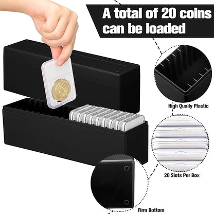 Wenqik 6 Pcs Plastic Coin Storage Box Case with 20 Slab Coin Holders - Collection Box for Collectors, Home, Office, Bank Supplies(Black)