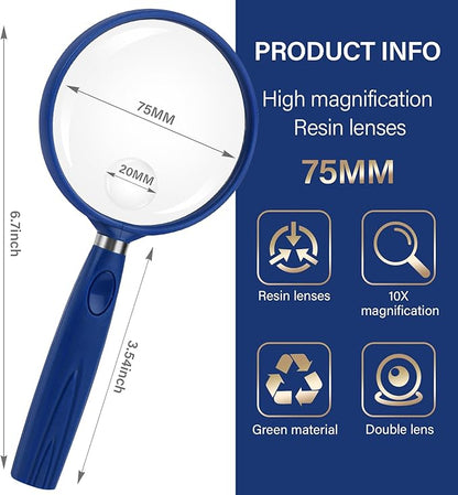 Feosky Handheld Reading Magnifier, 10X 30X Magnifier, 75mm Shatterproof Lens, Non-Slip Handle for Adults Close Work, Seniors Reading and Kids Nature Exploration, Hobby Observation (Blue)