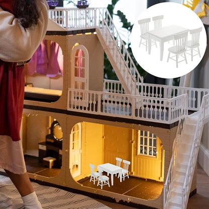 Homoyoyo 5 PCS 1/12 Wooden Dollhouse Furniture of Table Chair, Mini House Miniature Dining Table Chair, Miniature Furniture Set Dollhouse Accessories(White)