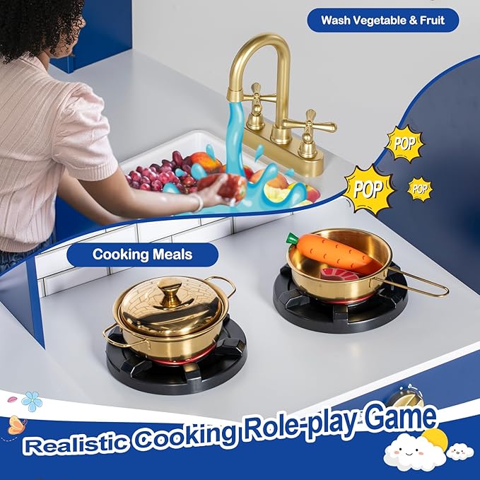 Corner Play Kitchen for Kids, Wooden Toddler Kitchen Playset w/Faucet, Sink, Microwave, Oven, Apron, Blackboard, Cabinets, Pretend Cooking Toys w/Sound & Light Gift for Ages 3+ (Blue)