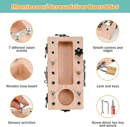 Wooderma Montessori Toys for 3 4 5 Year Old with Lock and Key, Wooden Sensory Toddler Screwd Tool Set, Montessori Screwdriver Board Set, Fine Motor Skills Toys for Educational Preschool Gift for Boys