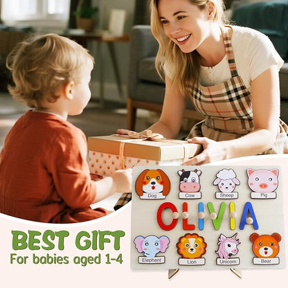 Personalized Name Puzzle for Kids, Wooden Name Puzzle for Toddlers 1-3, Custom Baby Gifts, Educational Montessori Toys for Learning Alphabet, Animals, First Birthday Gifts for Boys Girls