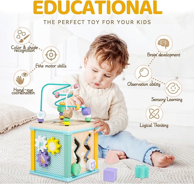 Wooden Activity Cube Montessori Toys for 1 2 3 Year Old Baby Toys 12 Months Toddlers 1-3 Birthday Gift Boys Girls Sensory Interactive Learning Toys